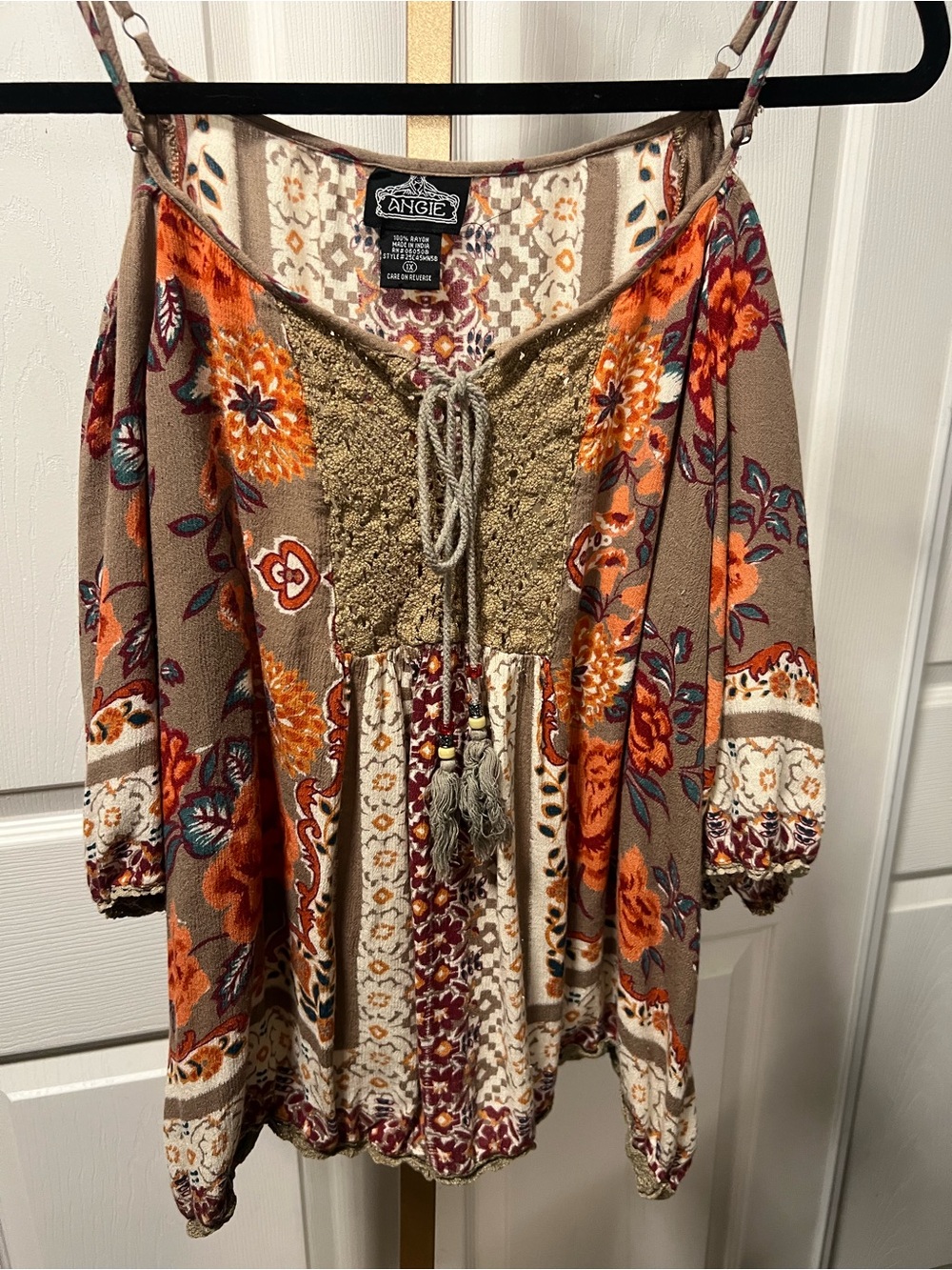 Angie Taupe & Orange Floral Boho Tie-Front Tunic